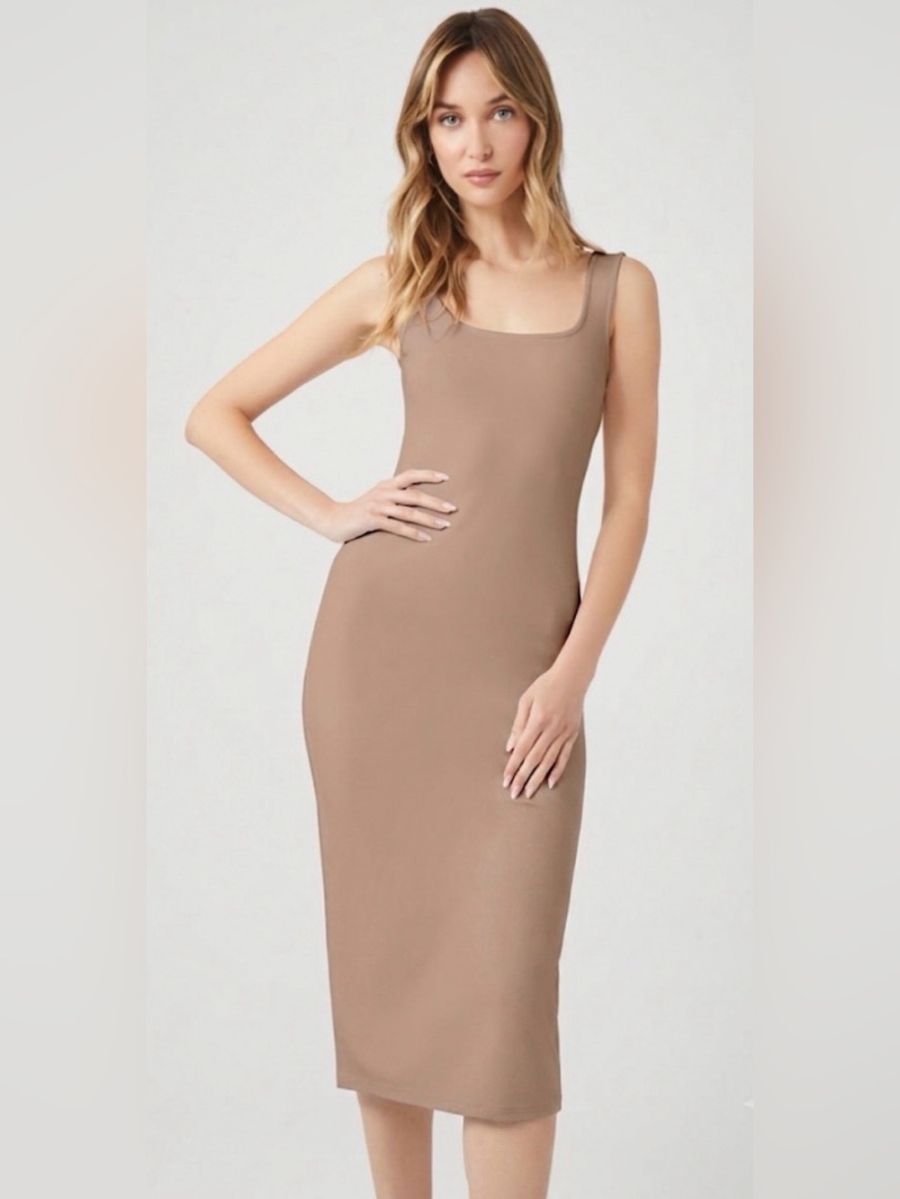Sleeveless Square Neck Bodycon Midi Dress in Taupe Size S